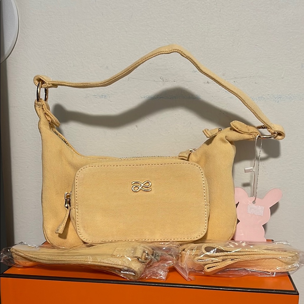 Butter yellow Denim Shoulder Bag with Gold Hardware